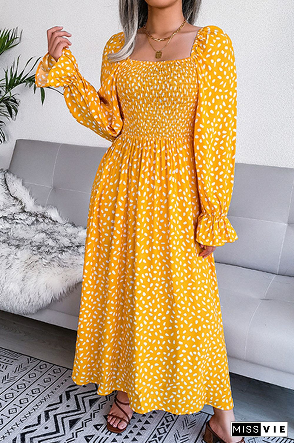 Elegant Print Flounce Fold Square Collar Dresses