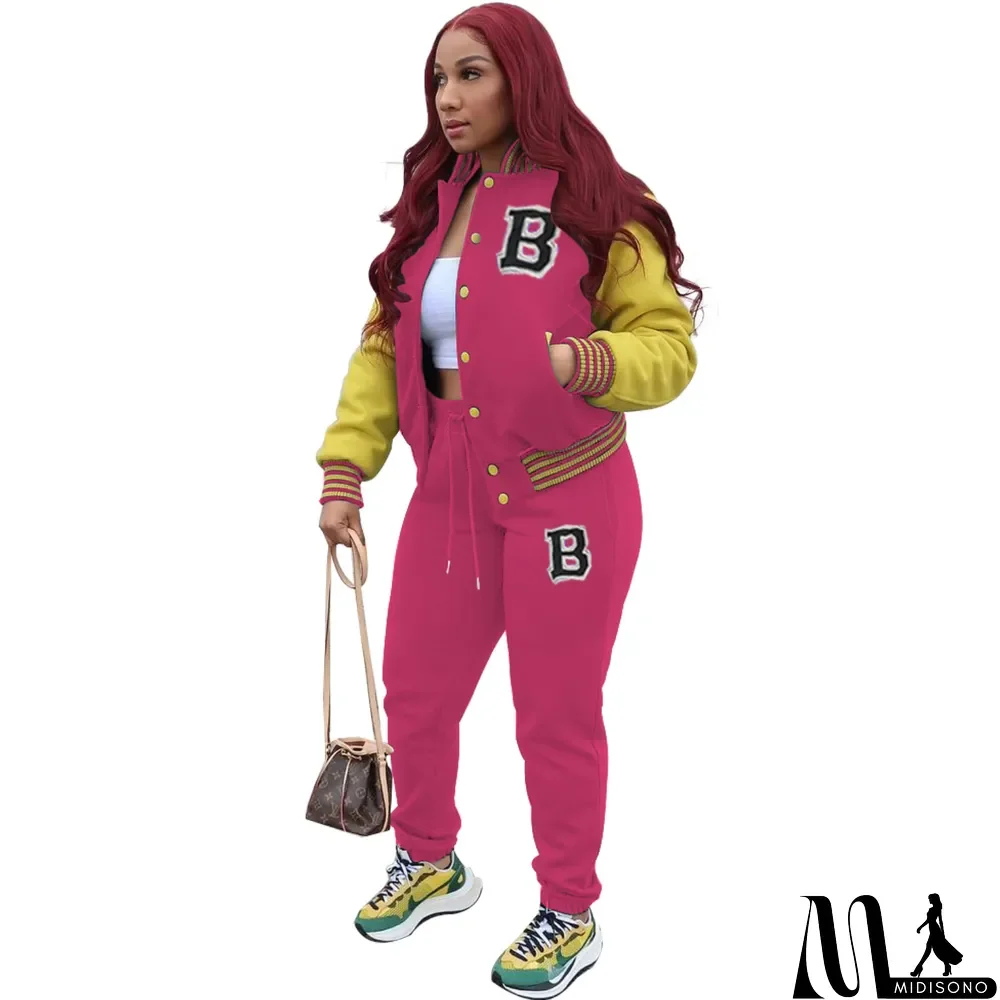 MidiSono - Women Letter Baseball Jacket and Pant Two-Piece Set