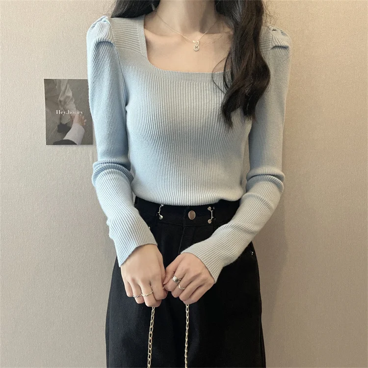Brownm Brownm Collar Bottom Shirt Women's 2023 Autumn Winter New Knitting Low Coltleneck Sweater Short Black Bubble Sleeve Jacket Tide