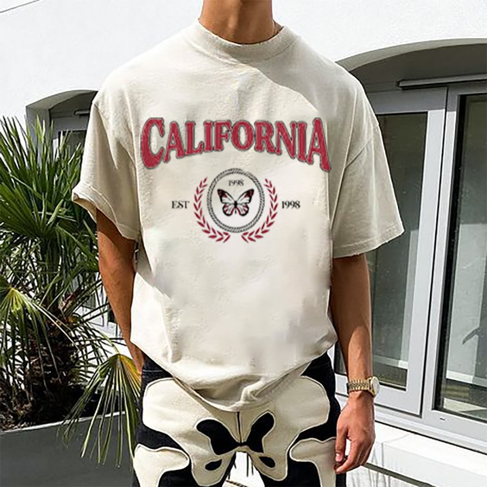 Men's California  Retro Street Trend Loose Casual Light Apricot Letter Print T-Shirt