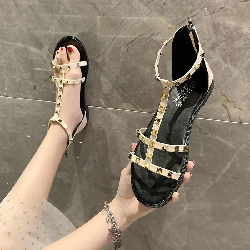 Hot Sale Fashion Designer Studs Patent Leather Rivets Sandals Women Genuine Leather Studded Strappy Dress Shoes