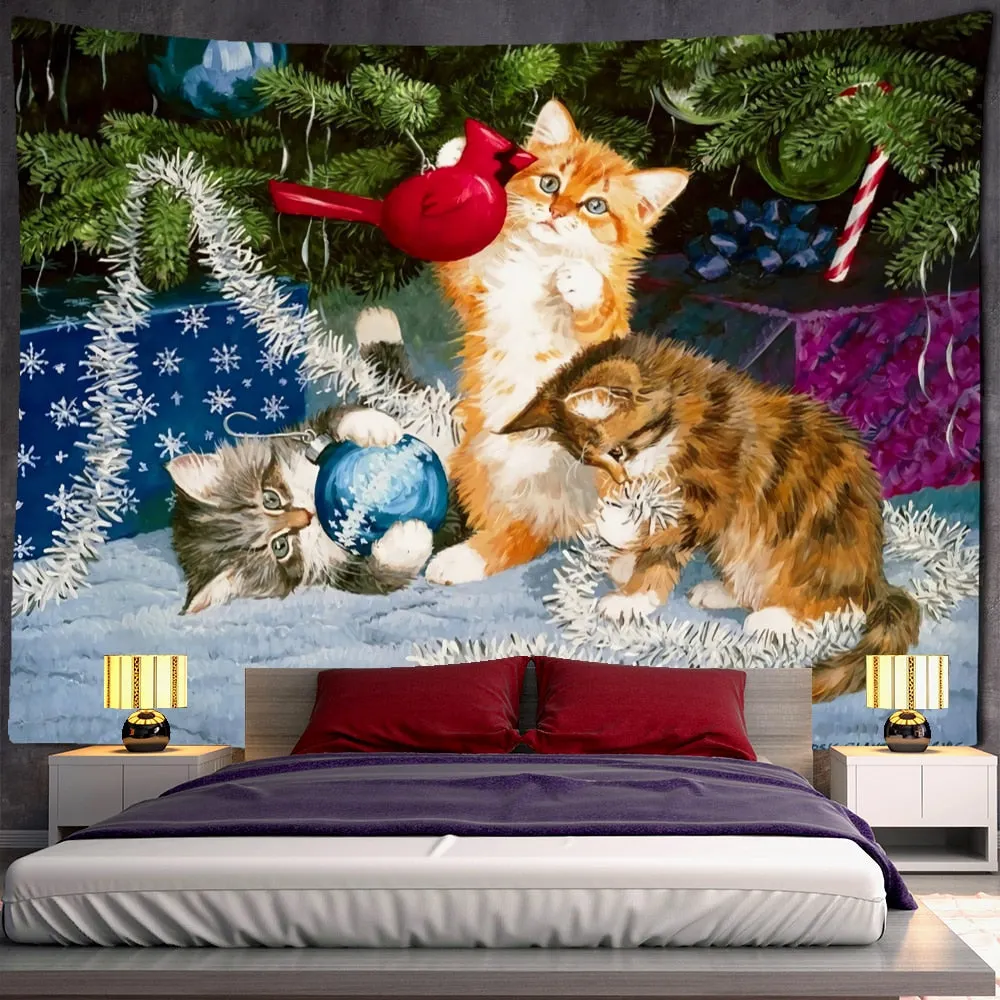 Christmas Kitten Snowman Tapestry Wall Hanging Anime Cute Illustration Children New Year Gift Home Decor