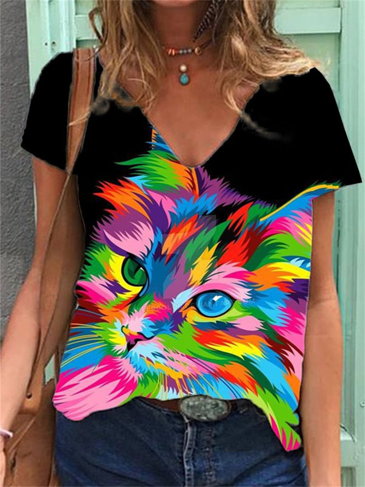 Comstylish Cute Cat Colorful Art Kitty T Shirt