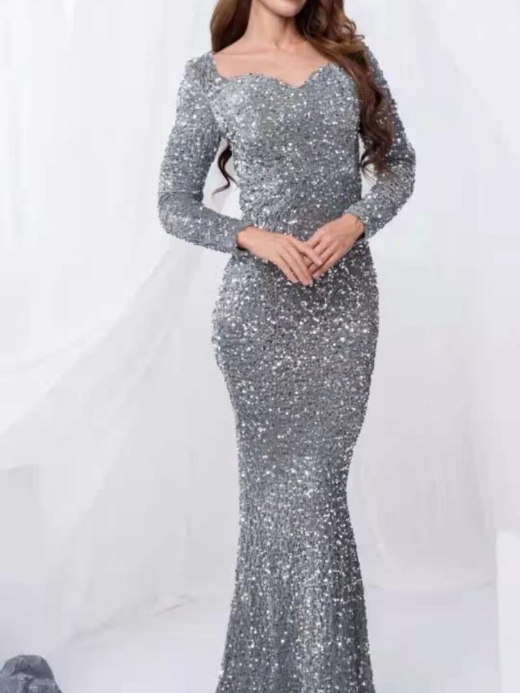 Promsstyle Promsstyle Sweetheart neckline long sleeves shining sequins slim evening dress Prom Dress 2023