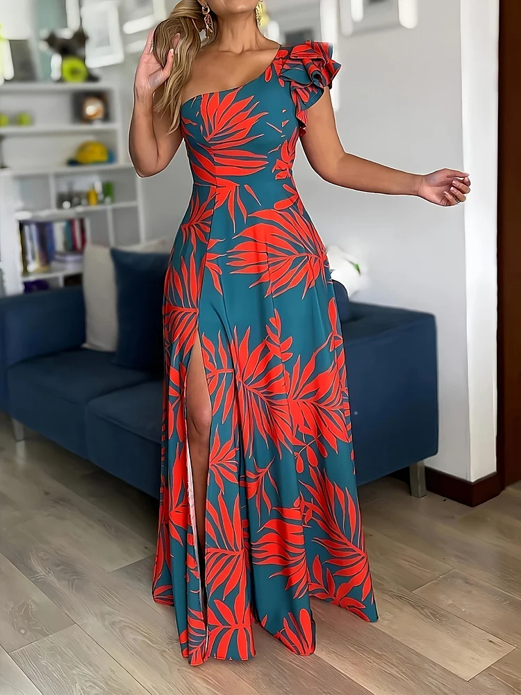 Elegant Aurora One-Shoulder Geometric Print Maxi Dress - Flattering Ruffle Sleeves, High Slit, Flowy Design - Polyester Blend, Non-Stretch Fabric For All Seasons, Perfect For Formal Occasions And Date Night