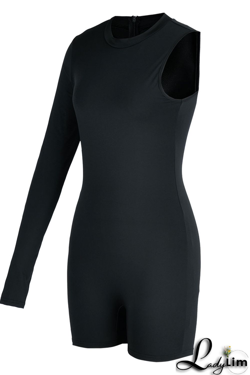 Black Sexy Sportswear Solid Patchwork Asymmetrical O Neck Skinny Jumpsuits