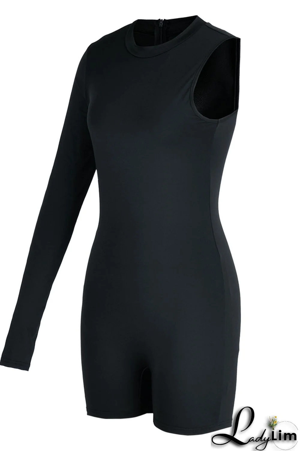 Black Sexy Sportswear Solid Patchwork Asymmetrical O Neck Skinny Jumpsuits