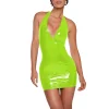 Plus Size Women Beach Party Vocation Halter Dress PVC Leather Deep V-neck Sleeveless Stretch Mini Dress Sexy Wrap Hips  Attire