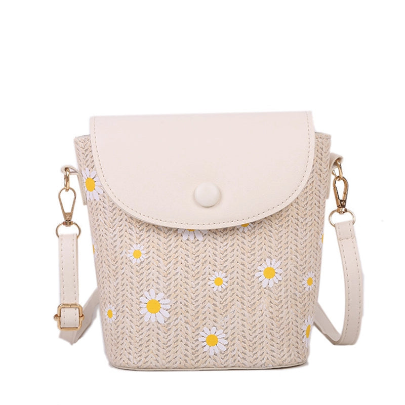 Women’s Small Straw Flower Streetwear Weave Bucket Magnetic Buckle Shoulder Bag