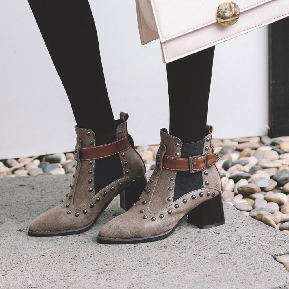 Grey Block Heel Buckle Ankle Boots