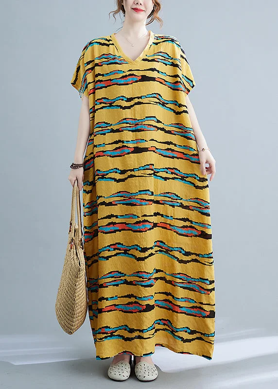 Modern Yellow Striped Print Linen Long Dresses Short Sleeve