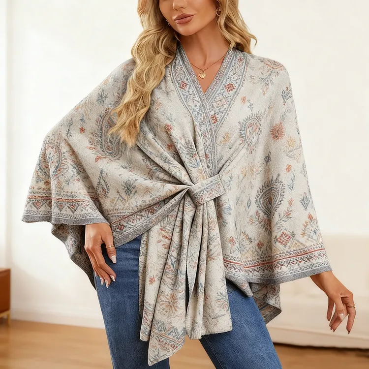 Vintage printing Elegant Shawl Wraps Soft Open Front Poncho Sweater 