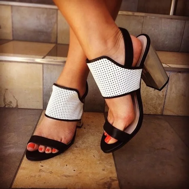 Black and White Block Heel Sandals Hollow out Slingback Sandals |FSJ Shoes