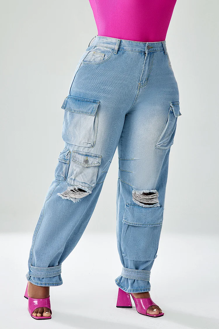 Xpluswear Design Plus Size Daily Jeans Blue Pocket Design Cargo Jeans