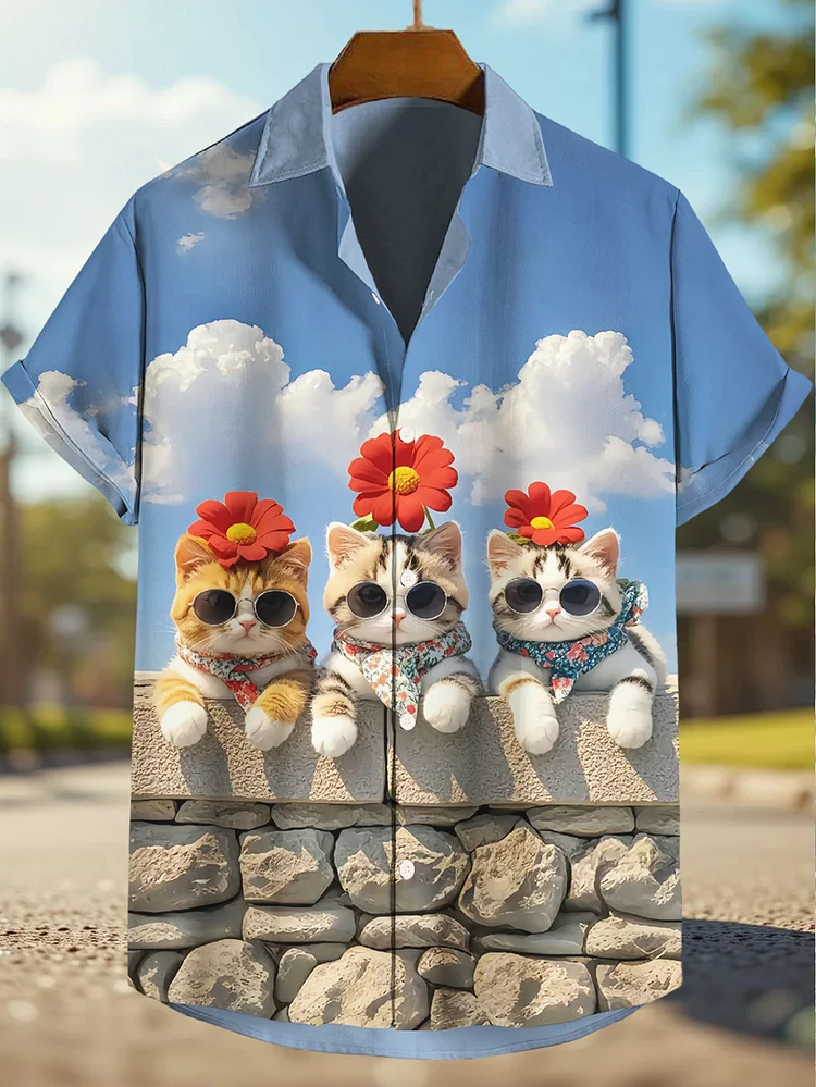Men's Three Cute Cats Flowers Vacation Art Print Shirt
