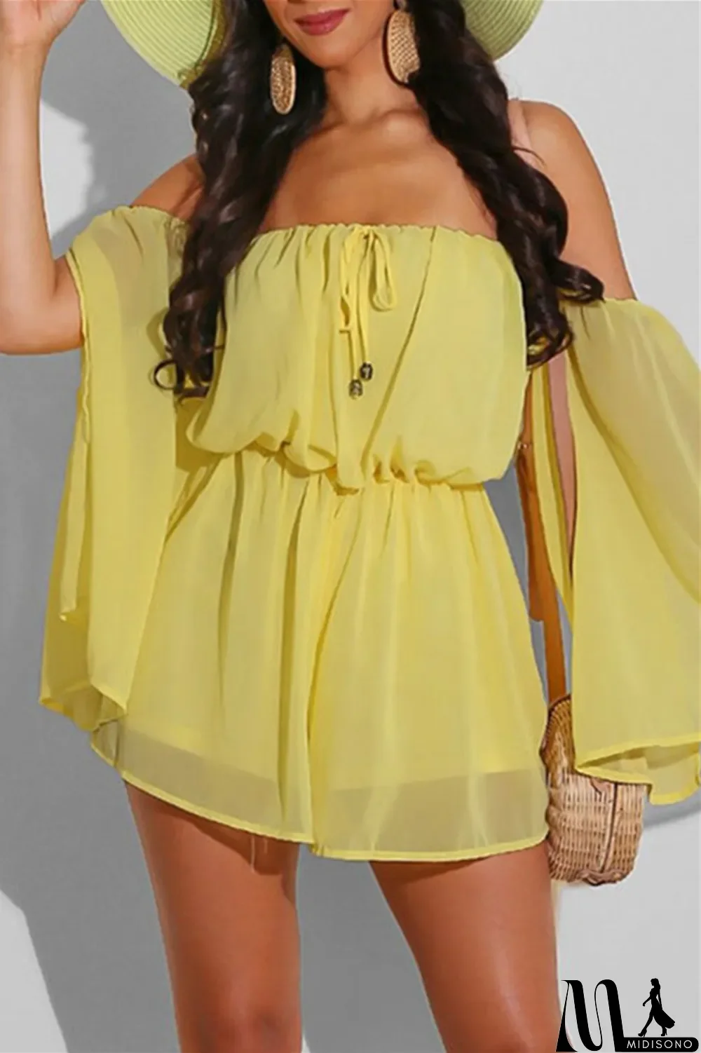 MidiSono - Yellow Fashion Casual Solid Backless Off the Shoulder Regular Romper