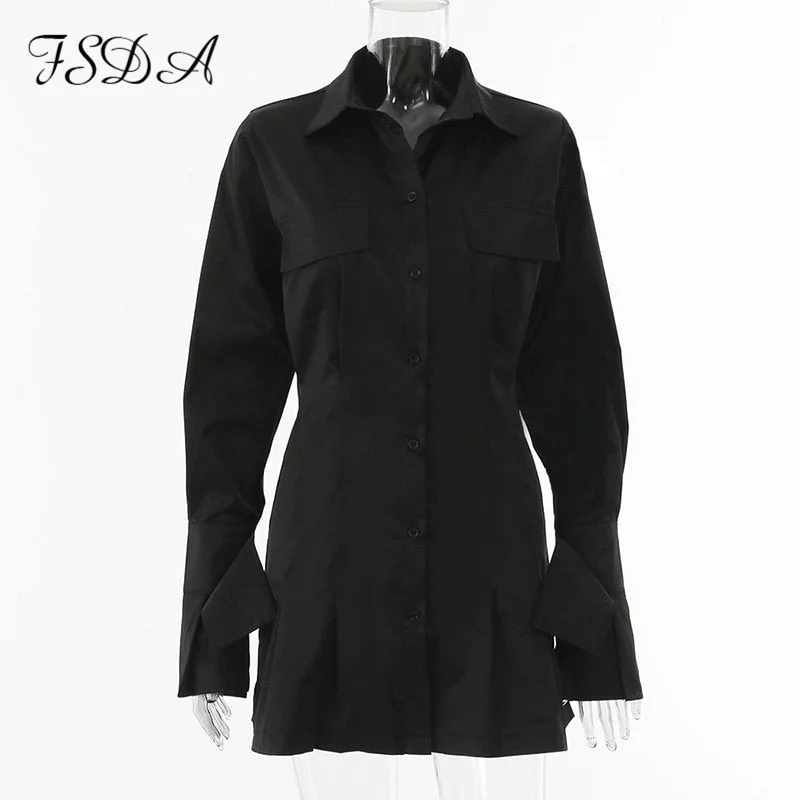 FSDA V Neck Long Sleeve Shirt Dress Bandage 2020 White Women Sexy Mini A Line Office Autumn Casual Tunic Dresses Fashion