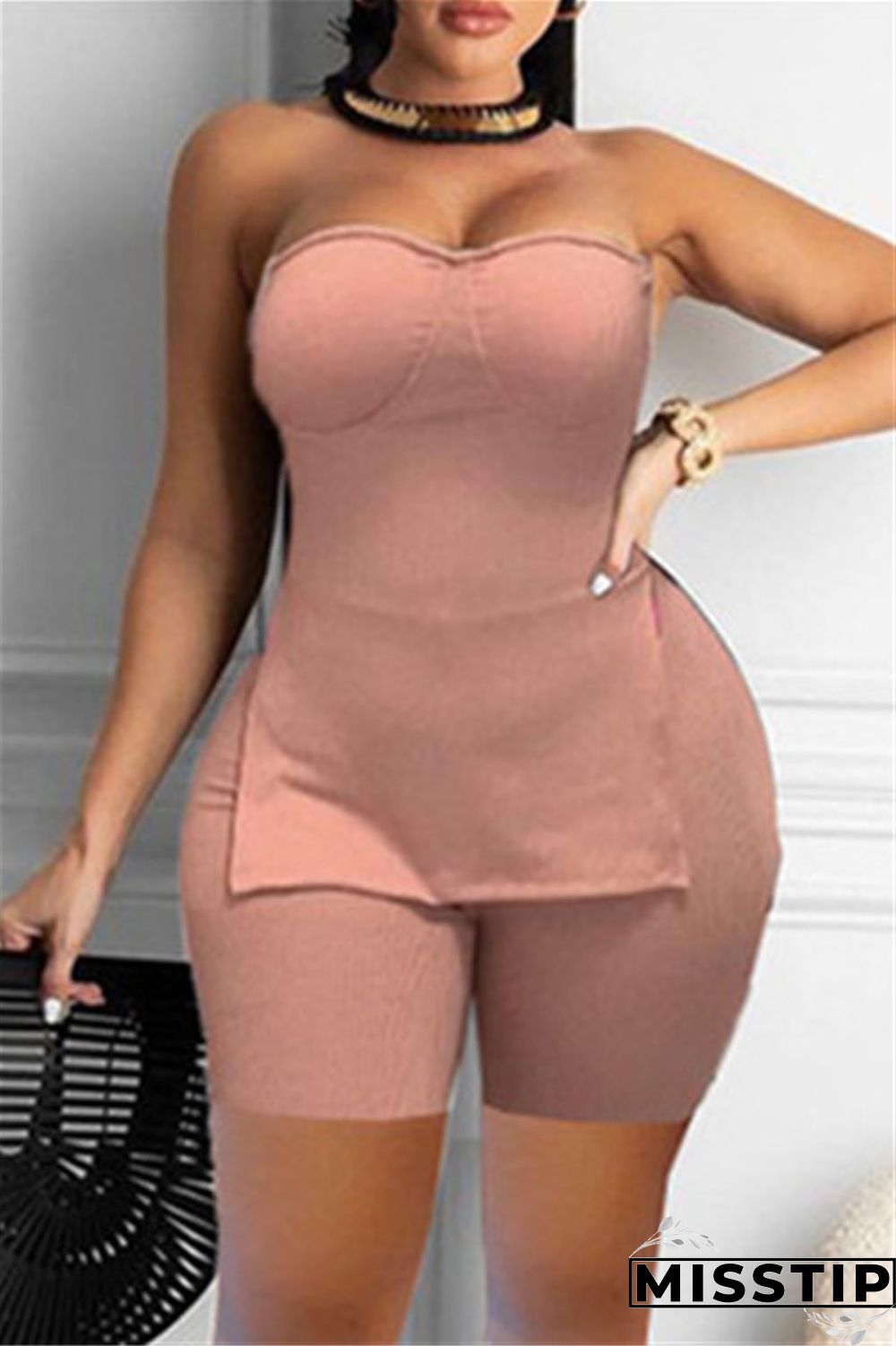 Coral Powder Sexy Casual Solid Backless Slit Strapless Sleeveless Two Pieces