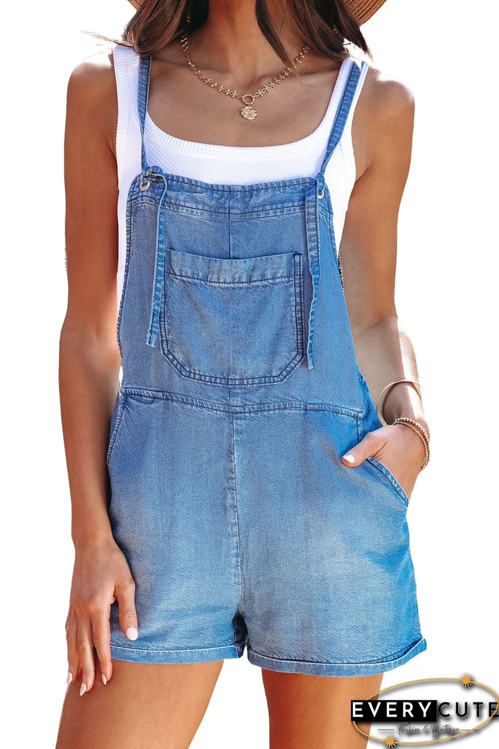 Sky Blue Grommet Tie Straps Casual Denim Romper