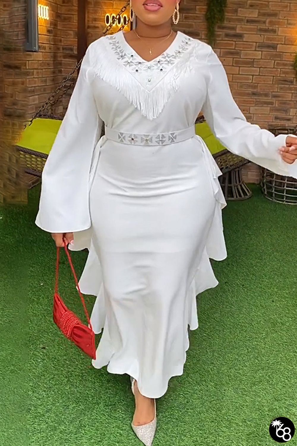 White Casual Embroidery Tassel Patchwork V Neck Long Sleeve Plus Size Dresses | 168DEAL
