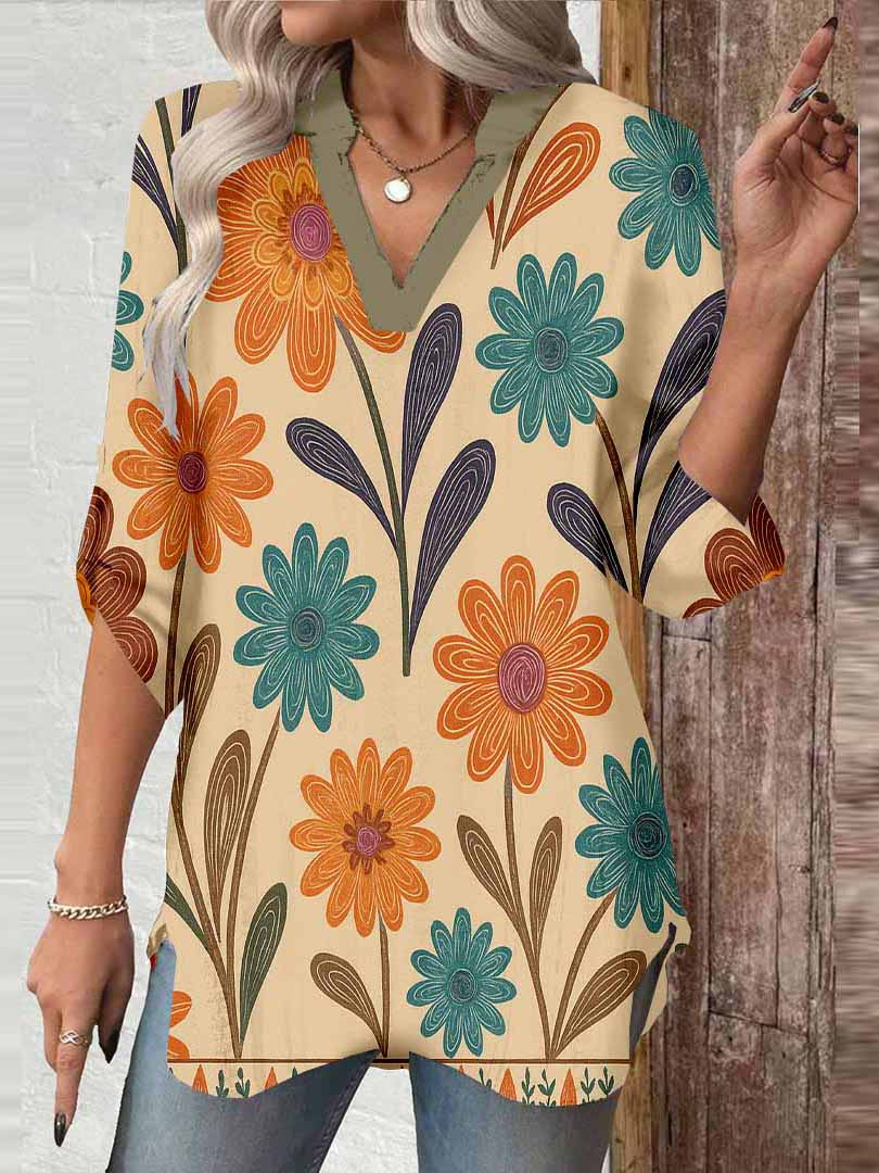 Women Floral, Orange DZGA0092 3/4 Sleeve V-neck Printed Graphic Button Tops