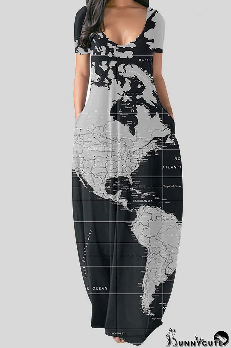 Black Gray Casual Print Patchwork V Neck Straight Dresses