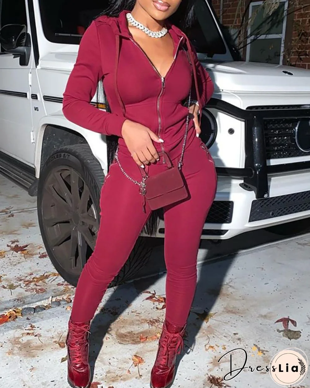 Zipper Design Hooded Top & Pants Set P16450