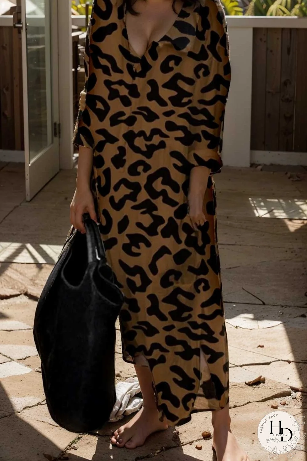 leopard print v neck split long sleeve dress