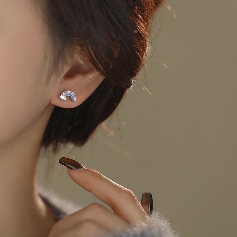 1 Pair 925 Sterling Silver Zircon 925 Sterling Silver Earrings Rainbow Ear Studs