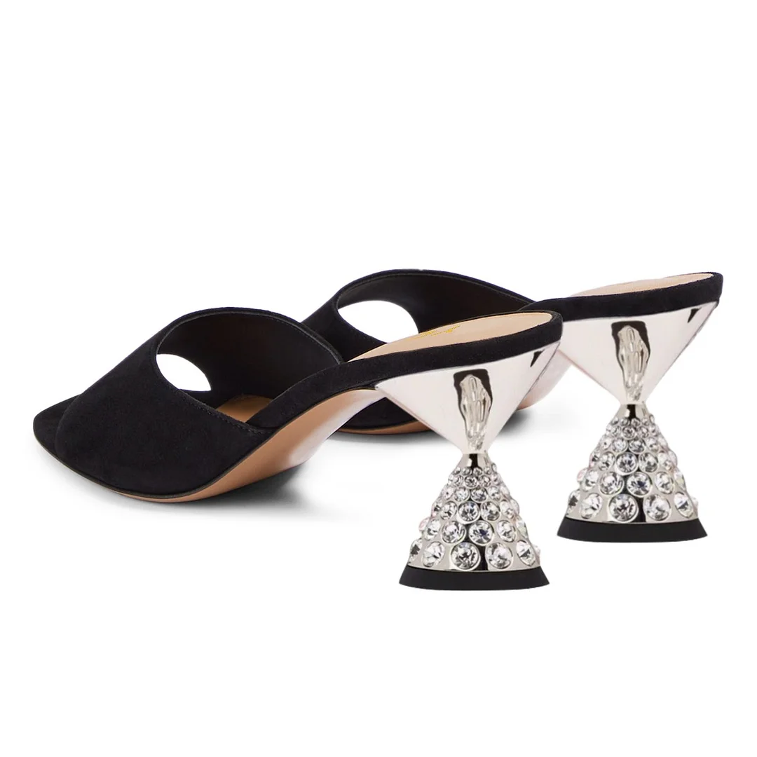 Elegant Black Open Square Toe Rhinestone Embellished Mule Heels