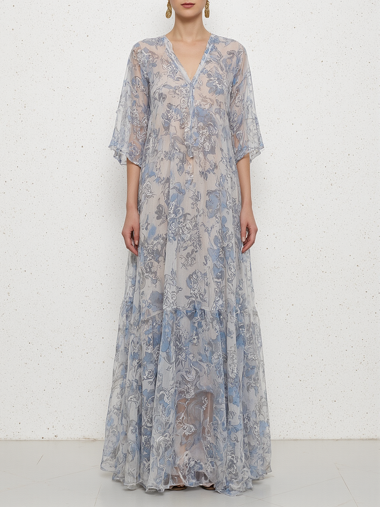  V-neck Floral Chiffon Dress