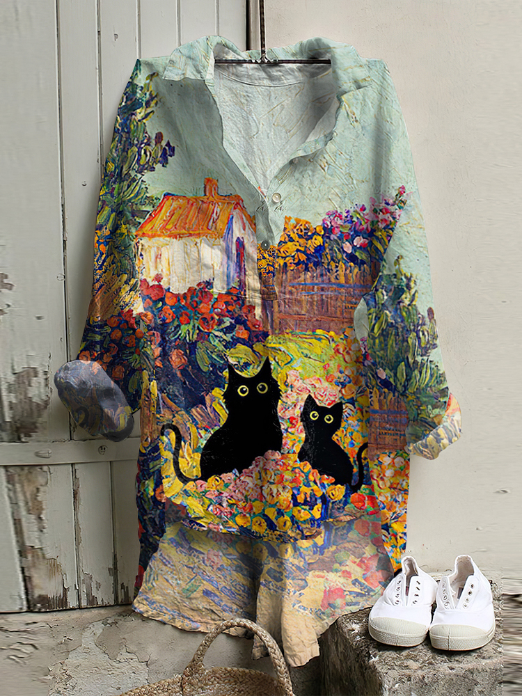 Comstylish Vintage Cat & Floral Art Cotton And Linen Button V-Neck Casual Shirt
