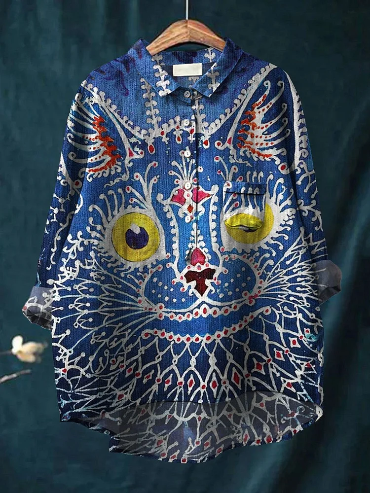 Women's Cat Print Casual Cotton And Linen Shirt