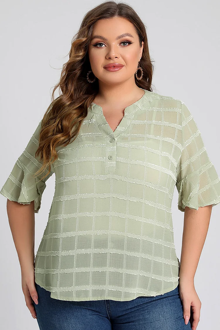 Plus Size Plaid Jacquard Ruffle Sleeve Button Up Blouse  Flycurvy [product_label]