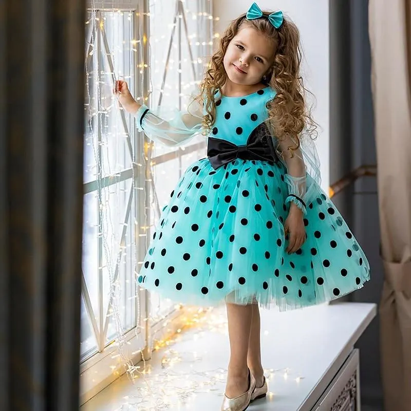 Wedding Party Dress for Girl Flower Polka Dot Elegant Kids Evening Dresses Children Tulle Bridesmaid Dresses Girls Prom Vestidos