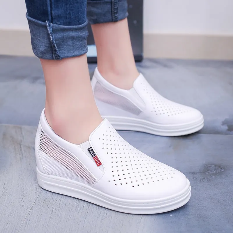 Lucyever New Women's Casual Flats Female Height Increasing Breathable Cut Out Leather Shoes Woman Hidden Wedges Summer Sneaker