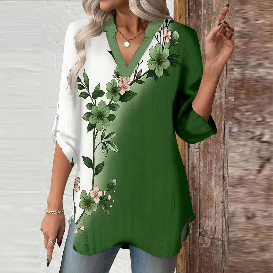 Women Floral,Green,Ladynora DZGA0574 3/4 Sleeve V-neck Printed Graphic Button Tops