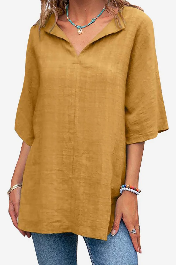 Linen Turndown V Neck Three Quarter Sleeve Casual Blouse
