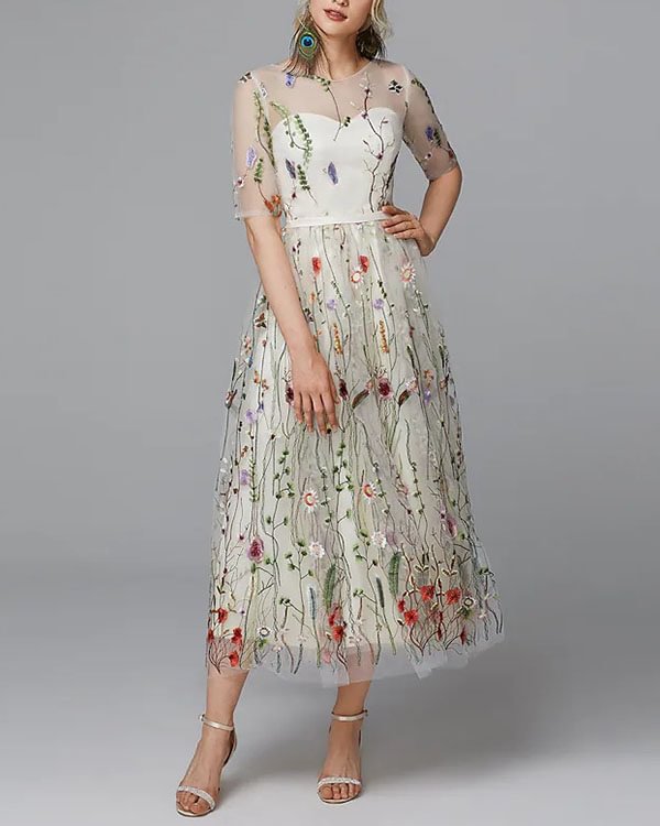 A-Line White Floral Holiday Cocktail Party Valentine's Day Dress Illusion Neck Half Sleeve Tea Length Lace with Embroidery Appliques 2022 