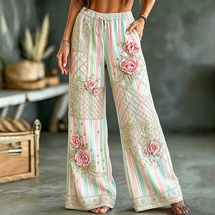 Women's Bohemian Floral Striped Casual Linen Blend Pants