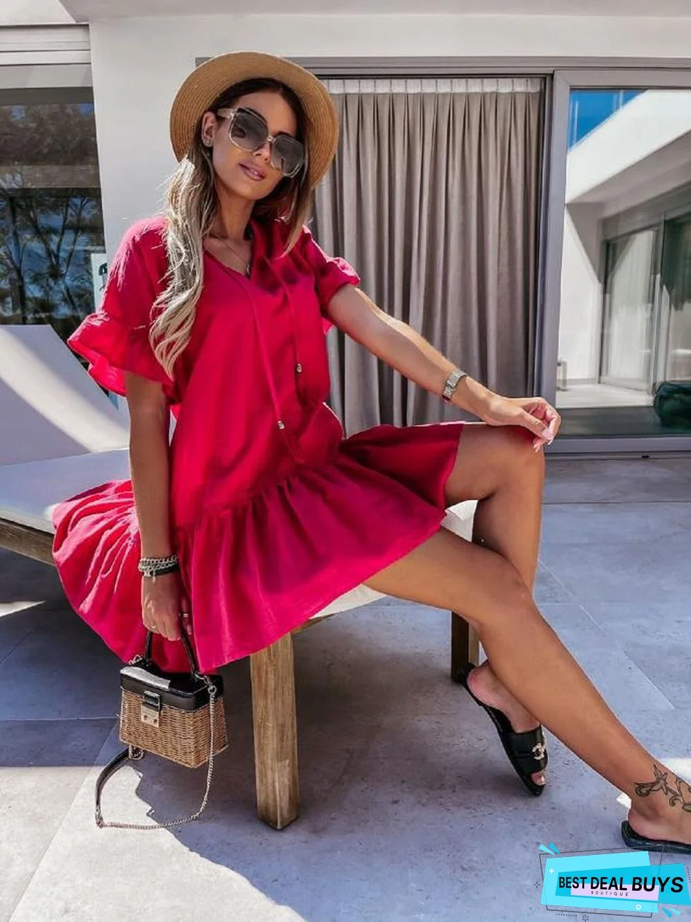 Large New V-Neck Short Sleeve Suspended Beard Pleated Dress