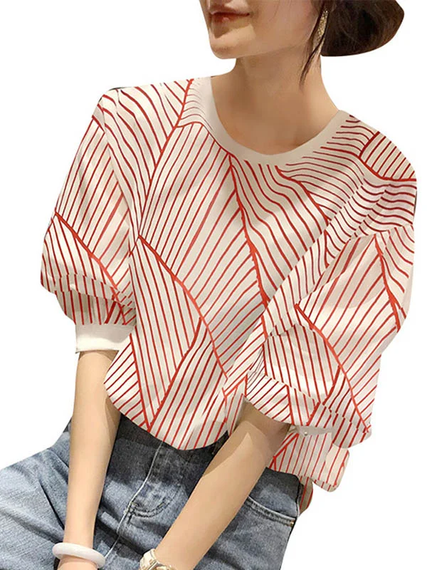 Original Striped Round-Neck Puff Sleeves T-Shirts Tops