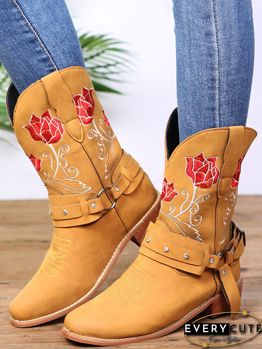 Vintage Floral Embroidered Sleeve Pointed Toe Chunky Heel Cowboy Boots