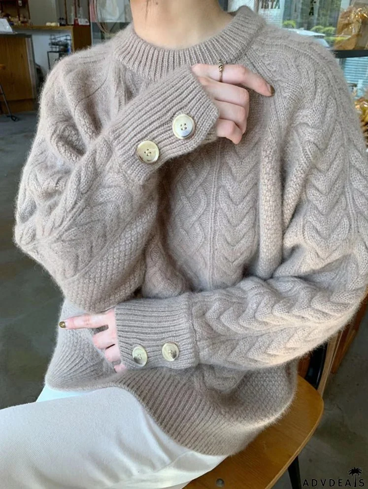 Retro Twist Thick Cuff Button Pullover Sweater