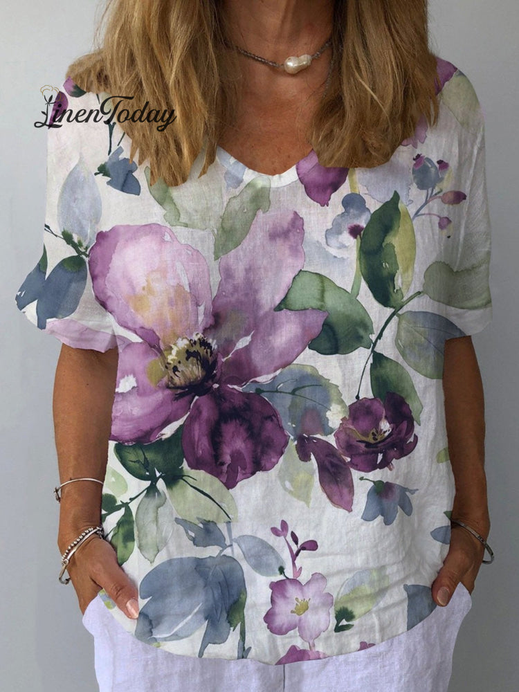 Women’s Retro Floral Casual V-Neck Cotton And Linen Top As Shown / S