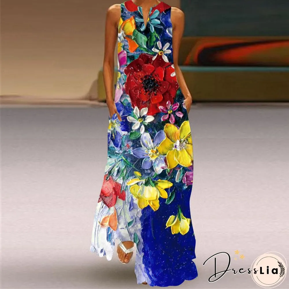 New Fashion Print Summer Dress Casual Sexy Boho Beach Women Party V-neck Sleeveless Pocket