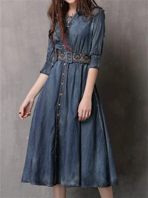 Women's Embroidery Half Sleeve Stand-up Collar Midi Dress