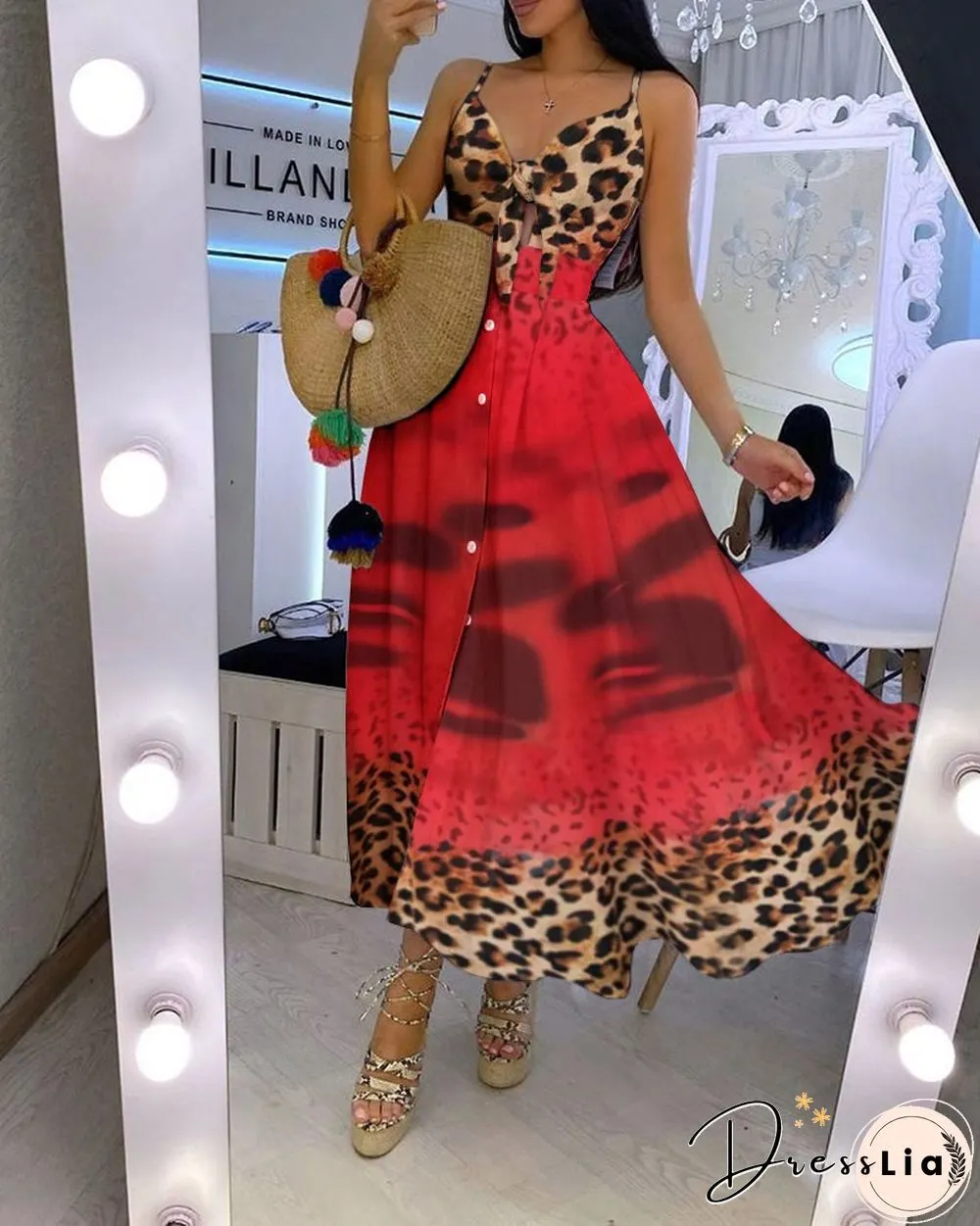 Cheetah Print Colorblock Tie Front Maxi Dress
