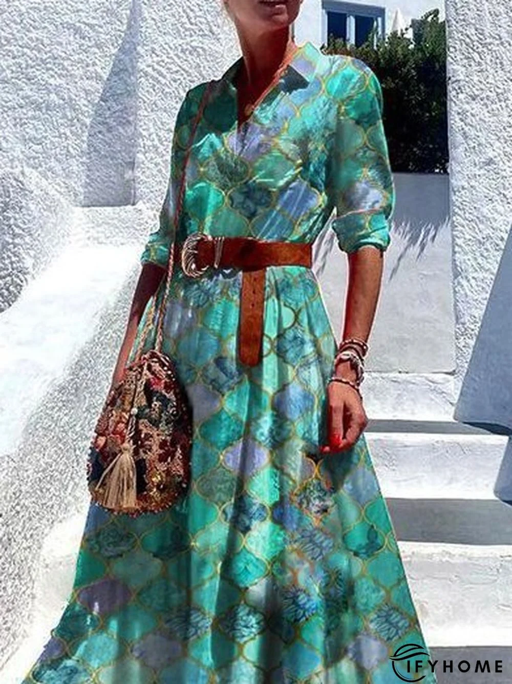 A-Line Long Sleeve V Neck Weaving Dress | IFYHOME