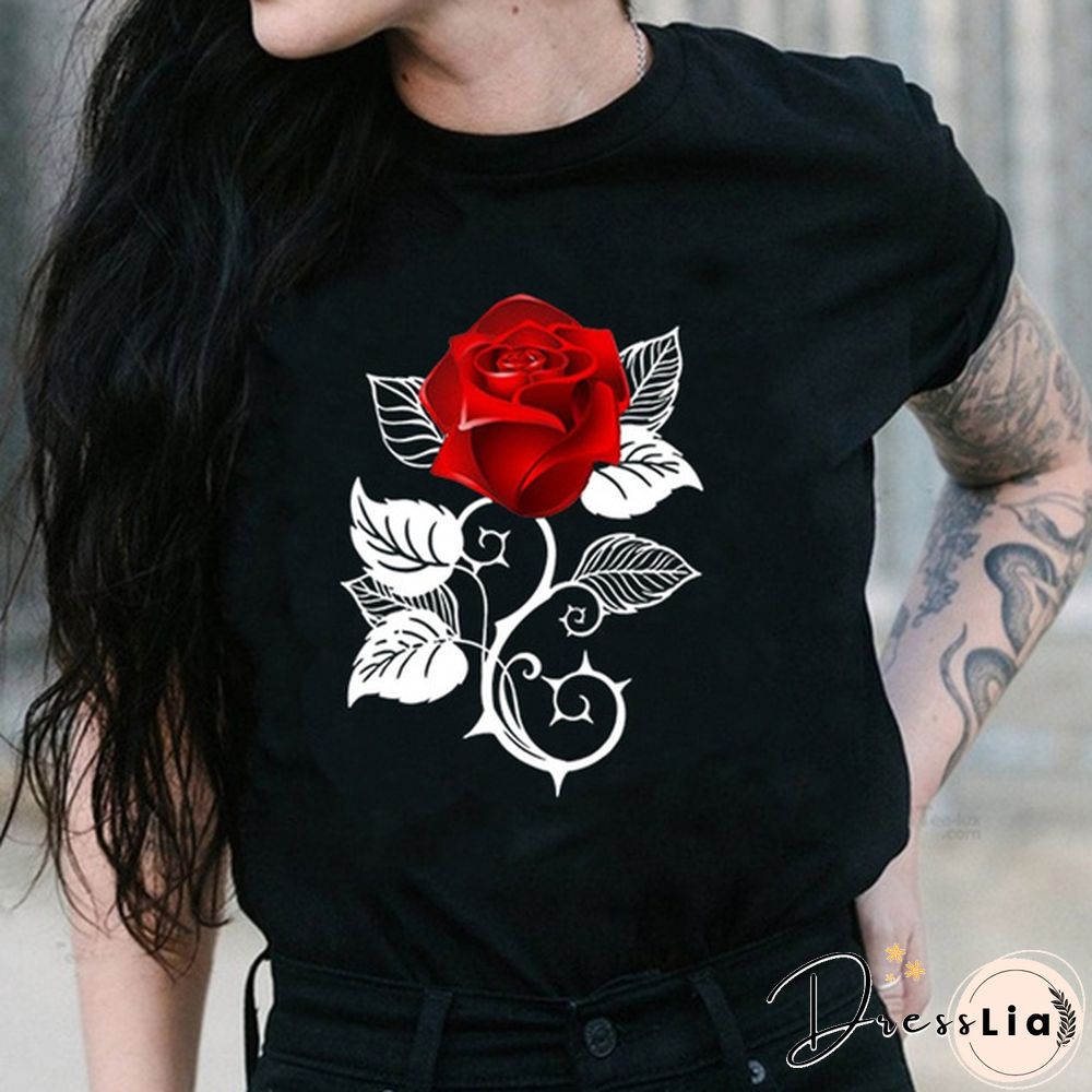 Girls and Women's Fashion Red Rose Printed T-Shirt Cute Graphic Tee Shirt Ladies Summer T-shirts Casual Plus Size Tops Flower T Shirts